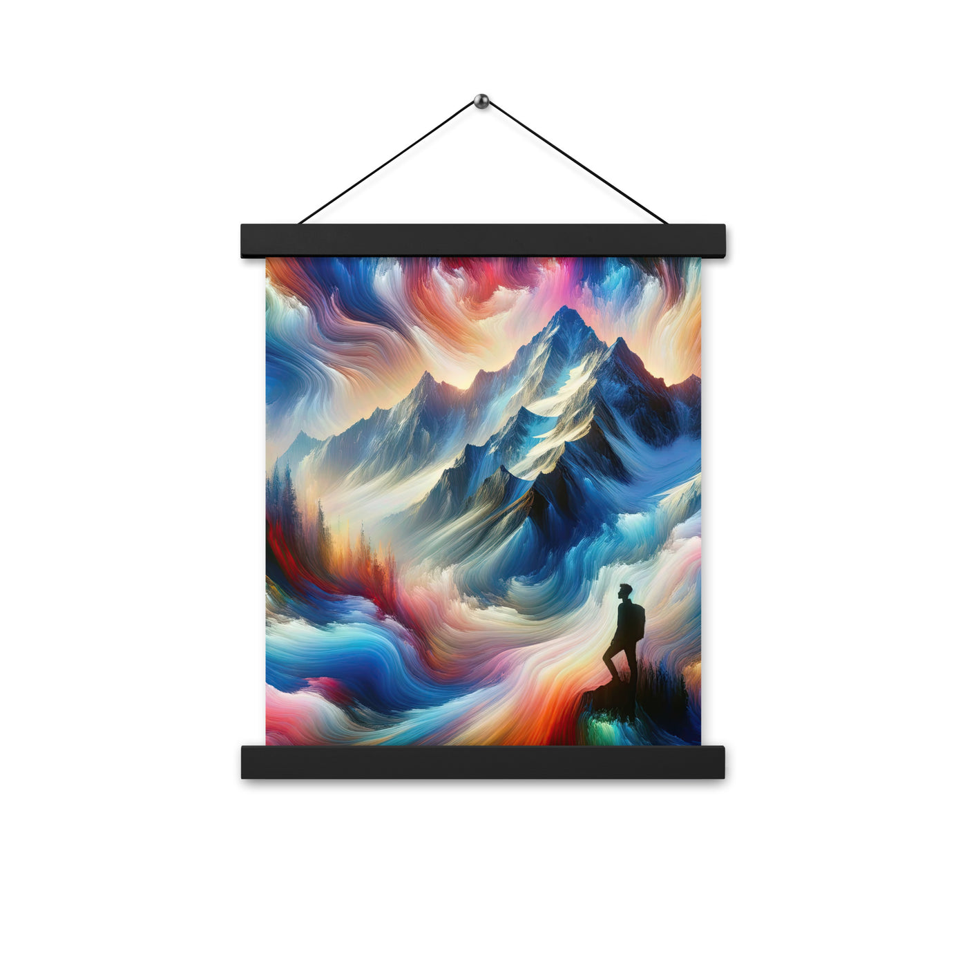 Foto eines abstrakt-expressionistischen Alpengemäldes mit Wanderersilhouette - Premium Poster mit Aufhängung wandern xxx yyy zzz 27.9 x 35.6 cm