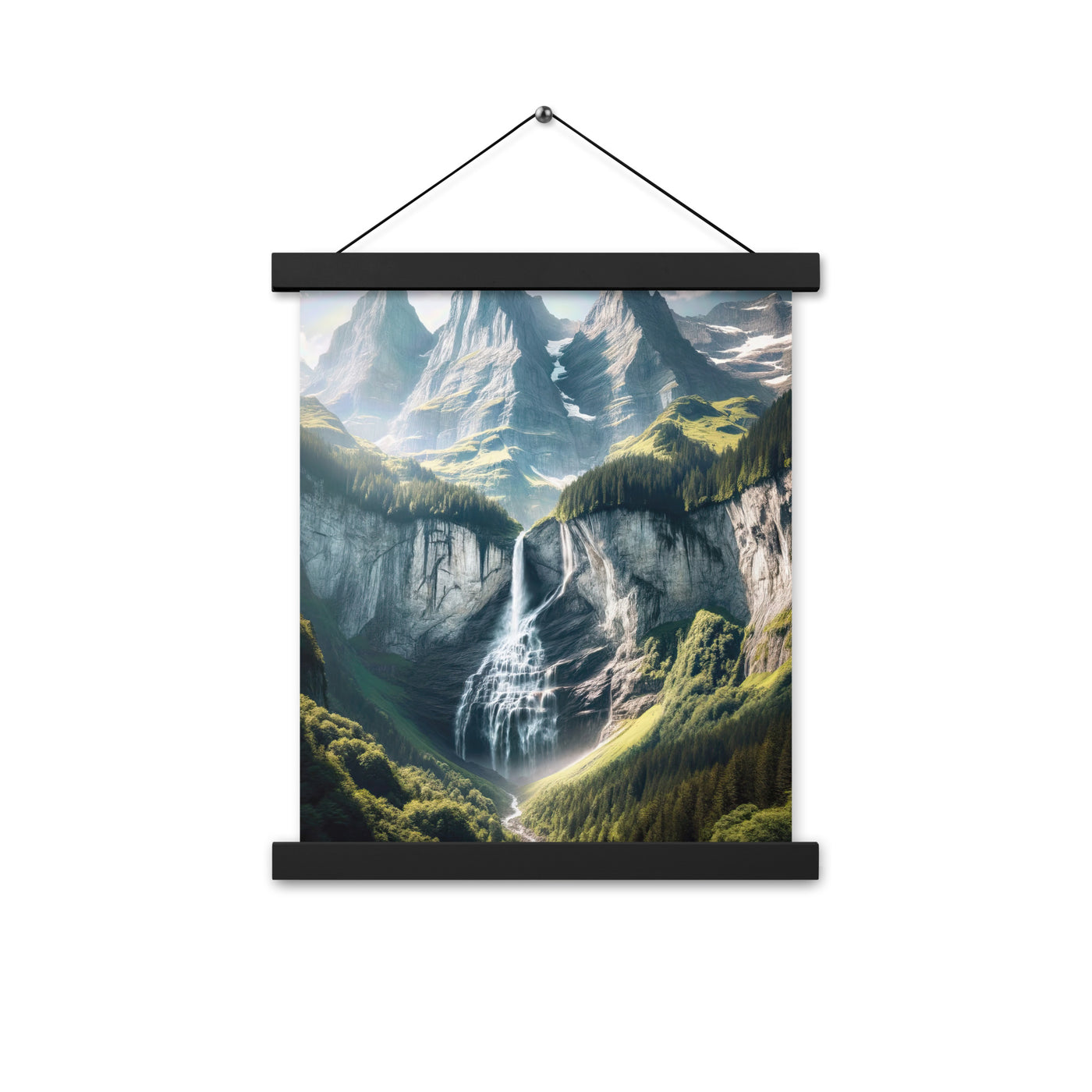 Foto der sommerlichen Alpen mit üppigen Gipfeln und Wasserfall - Premium Poster mit Aufhängung berge xxx yyy zzz 27.9 x 35.6 cm