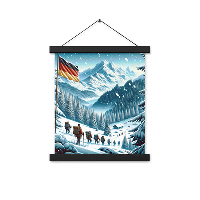 Quadratische Winterillustration der Alpen mit deutscher Flagge und Wanderteam - Premium Poster mit Aufhängung wandern xxx yyy zzz 27.9 x 35.6 cm