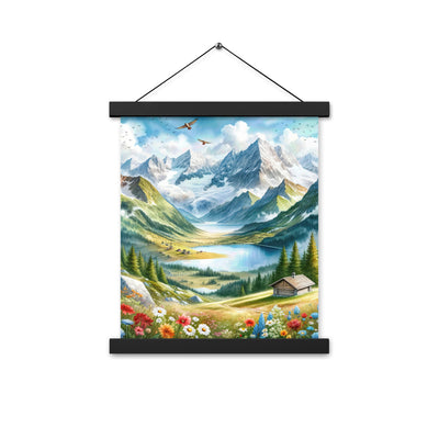 Quadratisches Aquarell der Alpen, Berge mit schneebedeckten Spitzen - Premium Poster mit Aufhängung berge xxx yyy zzz 27.9 x 35.6 cm