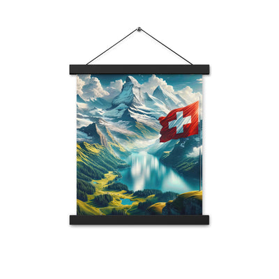 Ultraepische, fotorealistische Darstellung der Schweizer Alpenlandschaft mit Schweizer Flagge - Enhanced Matte Paper Poster With Hanger berge xxx yyy zzz 27.9 x 35.6 cm