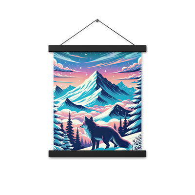 Vektorgrafik eines alpinen Winterwunderlandes mit schneebedeckten Kiefern und einem Fuchs - Premium Poster mit Aufhängung camping xxx yyy zzz 27.9 x 35.6 cm