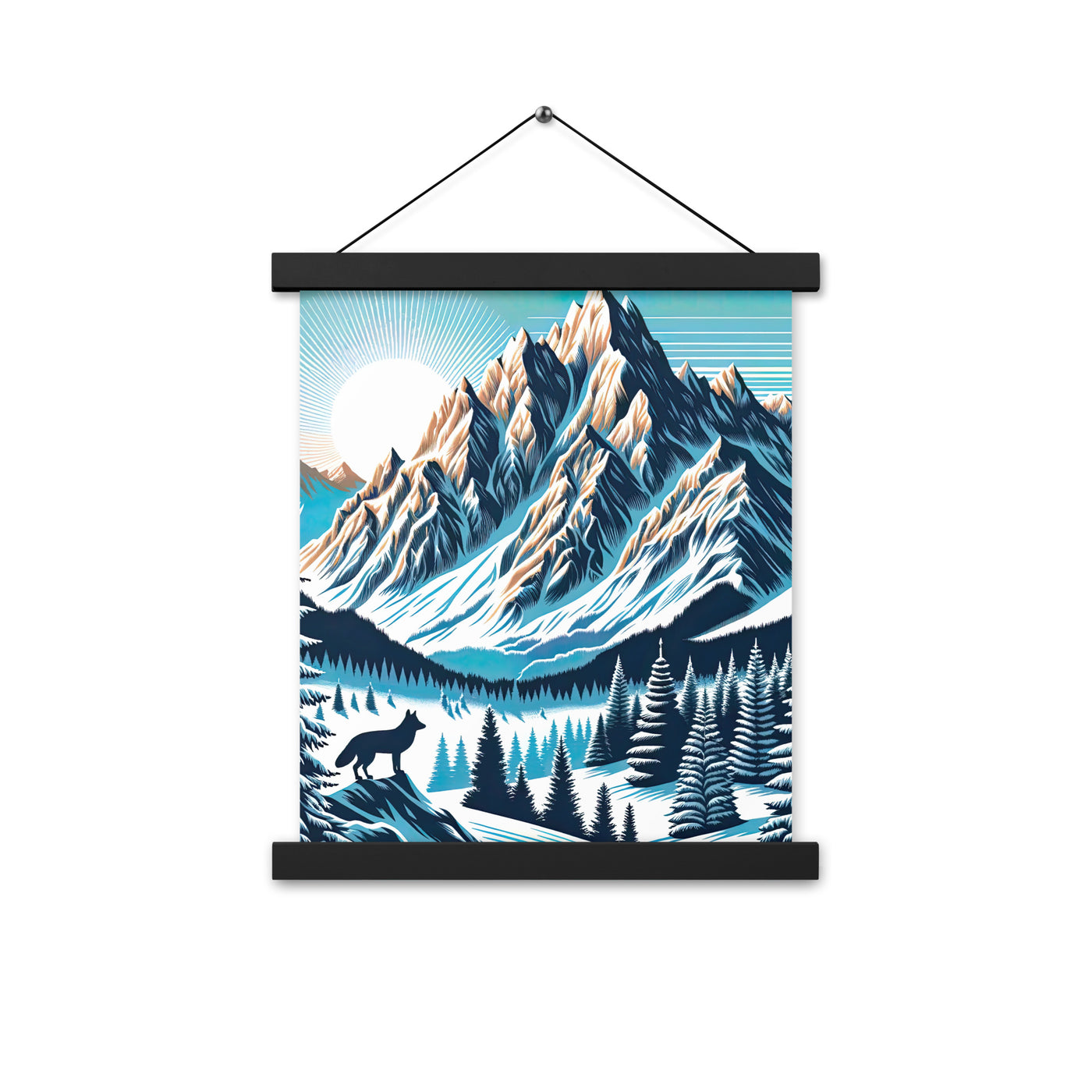 Vektorgrafik eines Wolfes im winterlichen Alpenmorgen, Berge mit Schnee- und Felsmustern - Premium Poster mit Aufhängung berge xxx yyy zzz 27.9 x 35.6 cm