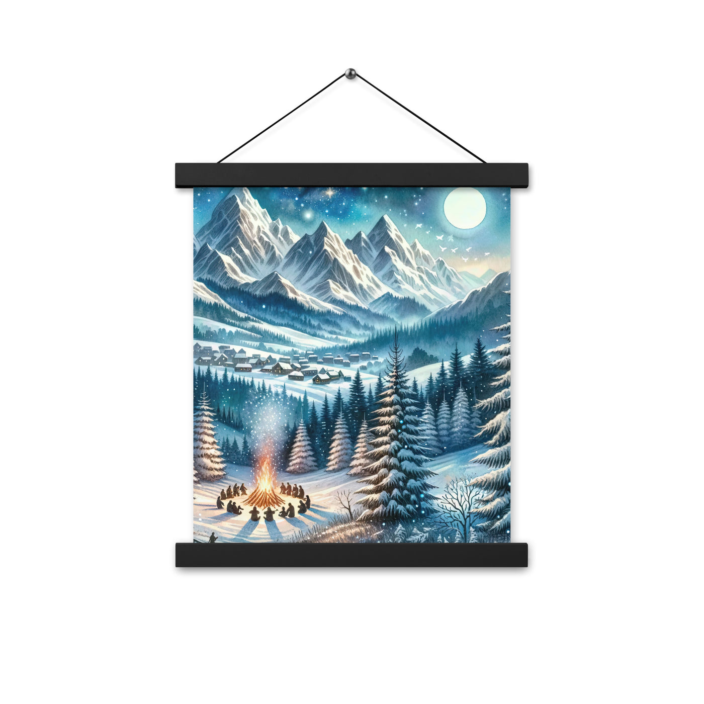 Aquarell eines Winterabends in den Alpen mit Lagerfeuer und Wanderern, glitzernder Neuschnee - Enhanced Matte Paper Poster With Hanger camping xxx yyy zzz 27.9 x 35.6 cm
