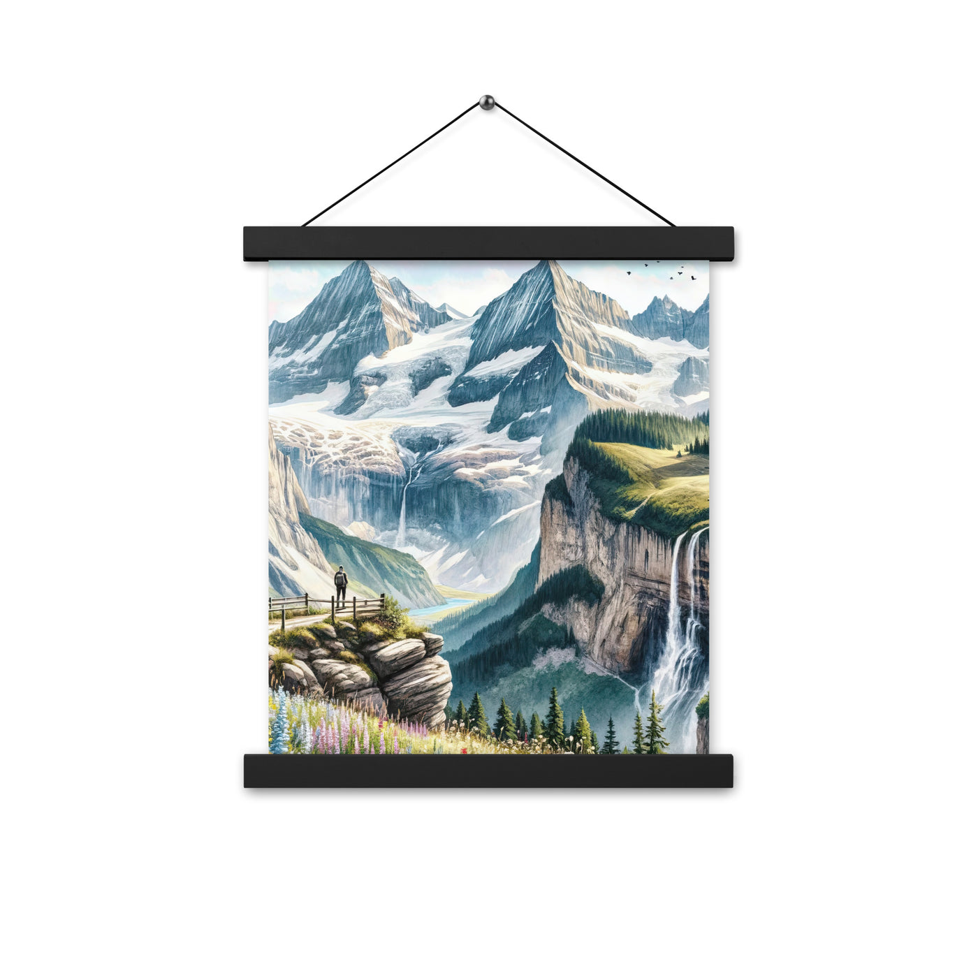 Aquarell-Panoramablick der Alpen mit schneebedeckten Gipfeln, Wasserfällen und Wanderern - Premium Poster mit Aufhängung wandern xxx yyy zzz 27.9 x 35.6 cm