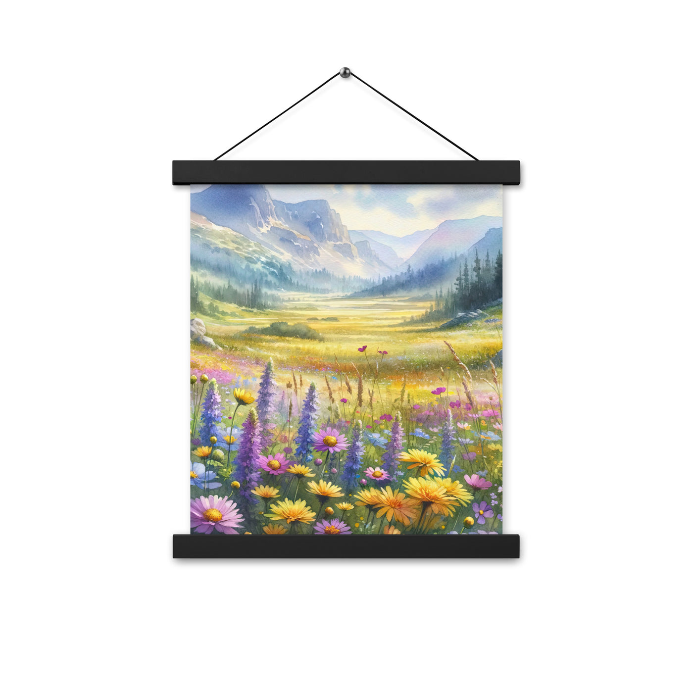 Aquarell einer Almwiese in Ruhe, Wildblumenteppich in Gelb, Lila, Rosa - Premium Poster mit Aufhängung berge xxx yyy zzz 27.9 x 35.6 cm
