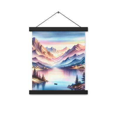 Aquarell einer Dämmerung in den Alpen, Boot auf einem See in Pastell-Licht - Premium Poster mit Aufhängung berge xxx yyy zzz 27.9 x 35.6 cm
