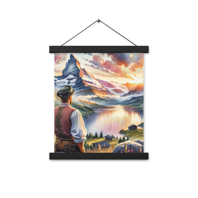 Aquarell einer Berglandschaft in der goldenen Stunde mit österreichischem Wanderer - Premium Poster mit Aufhängung wandern xxx yyy zzz 27.9 x 35.6 cm