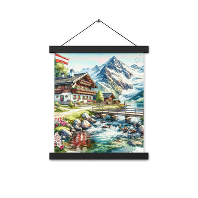 Aquarell der frühlingshaften Alpenkette mit österreichischer Flagge und schmelzendem Schnee - Enhanced Matte Paper Poster With Hanger berge xxx yyy zzz 27.9 x 35.6 cm