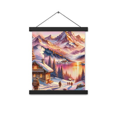 Aquarell eines Alpenpanoramas mit Wanderern bei Sonnenuntergang in Rosa und Gold - Premium Poster mit Aufhängung wandern xxx yyy zzz 27.9 x 35.6 cm