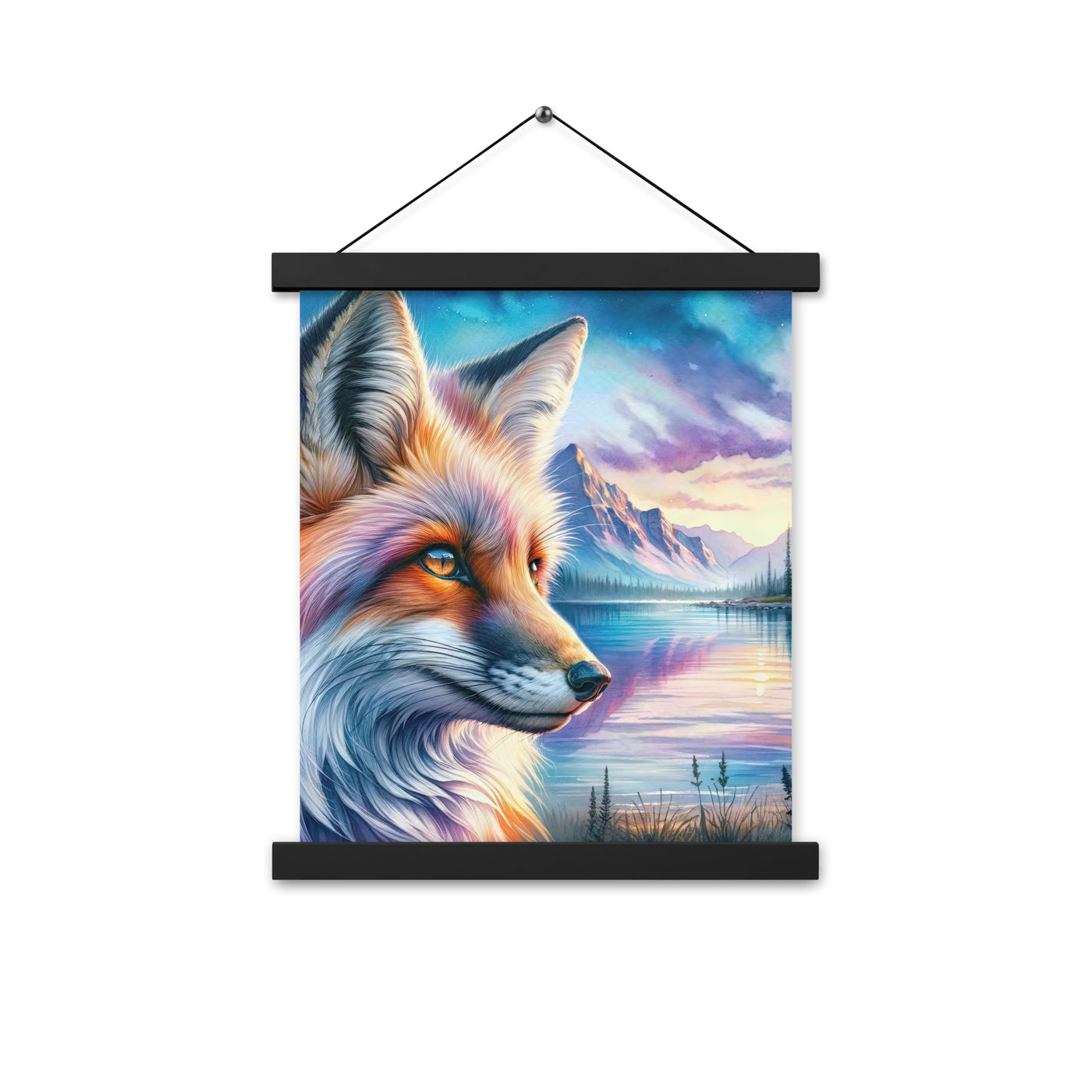 Aquarellporträt eines Fuchses im Dämmerlicht am Bergsee - Premium Poster mit Aufhängung camping xxx yyy zzz 27.9 x 35.6 cm