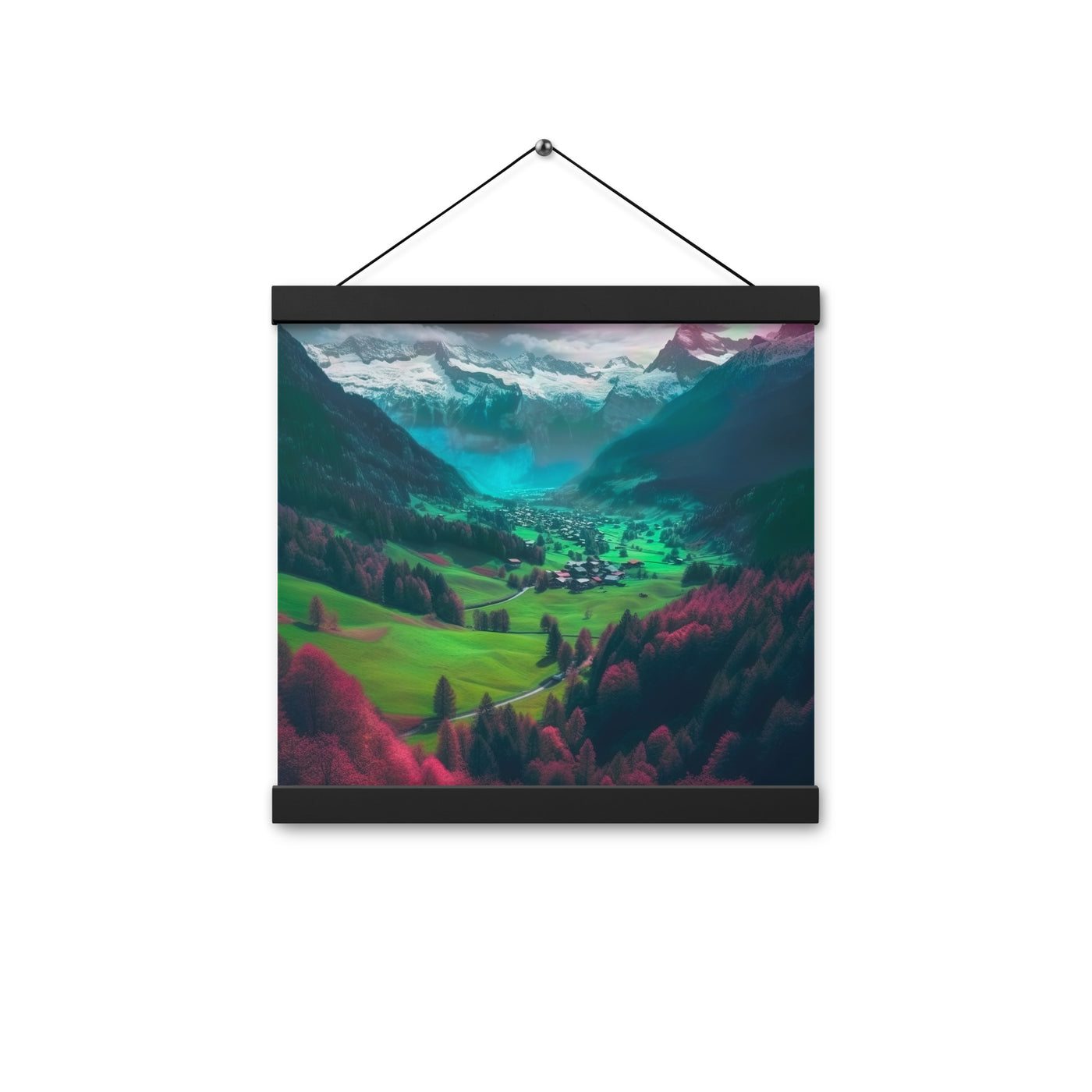 Berglandschaft und Dorf - Fotorealistische Malerei - Premium Poster mit Aufhängung berge xxx 30.5 x 30.5 cm