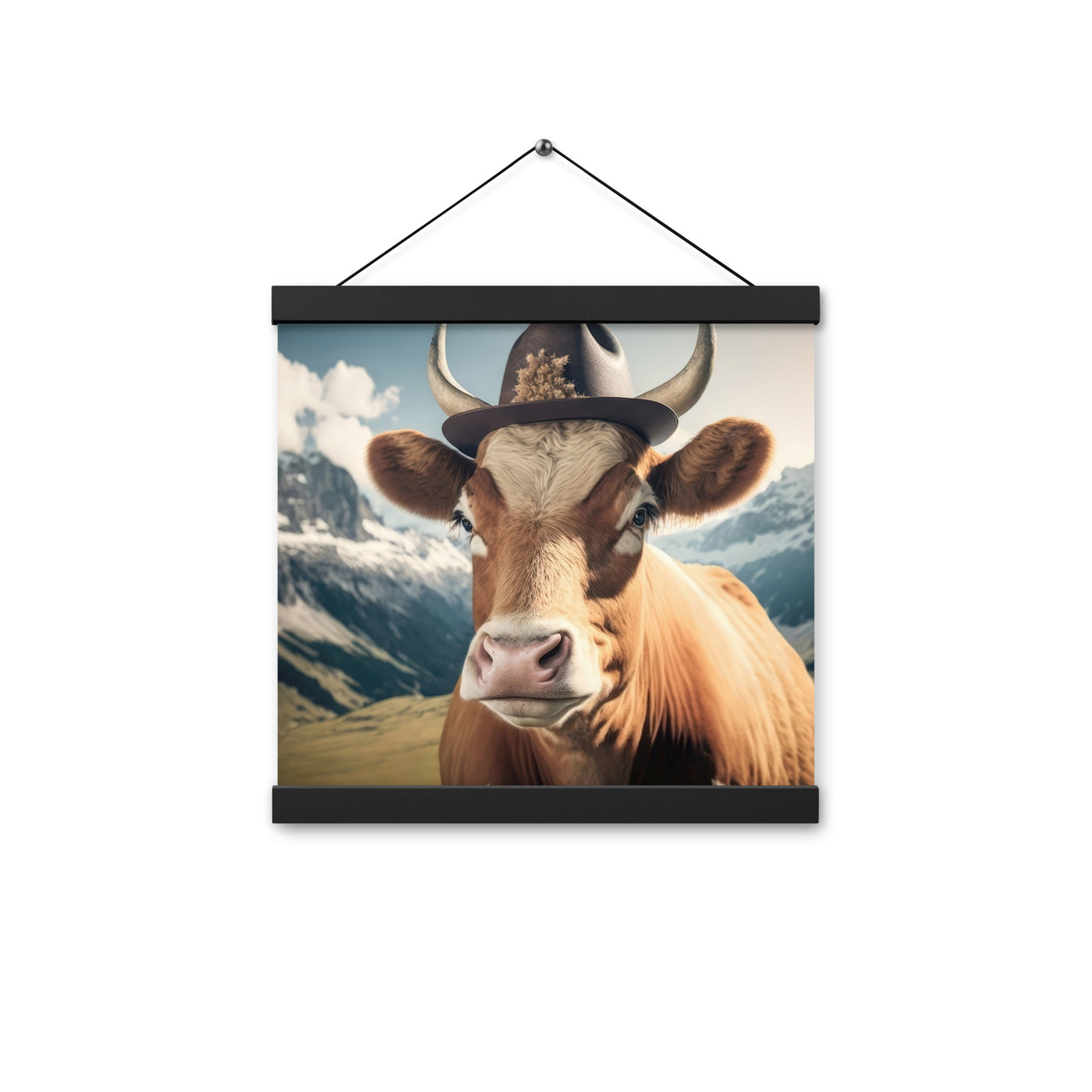 Kuh mit Hut in den Alpen - Berge im Hintergrund - Landschaftsmalerei - Premium Poster mit Aufhängung berge xxx Black 30.5 x 30.5 cm