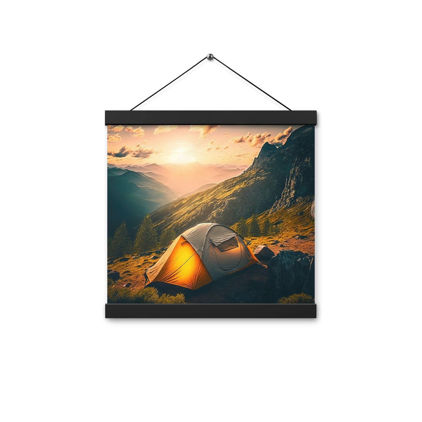 Zelt auf Berg im Sonnenaufgang - Landschafts - Premium Poster mit Aufhängung camping xxx 30.5 x 30.5 cm