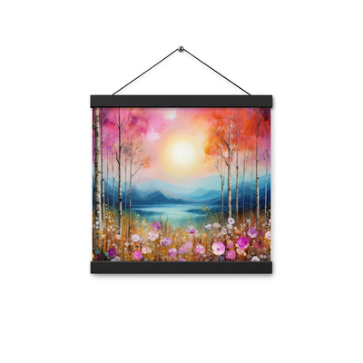 Berge, See, pinke Bäume und Blumen - Malerei - Premium Poster mit Aufhängung berge xxx 30.5 x 30.5 cm