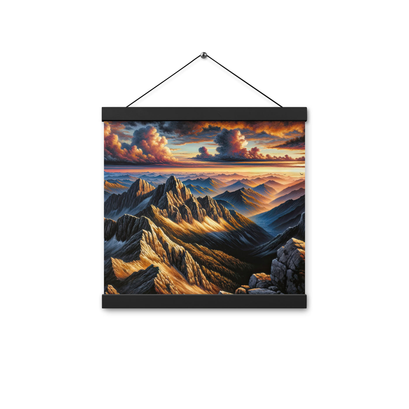 Alpen in Abenddämmerung: Acrylgemälde mit beleuchteten Berggipfeln - Premium Poster mit Aufhängung berge xxx yyy zzz 30.5 x 30.5 cm