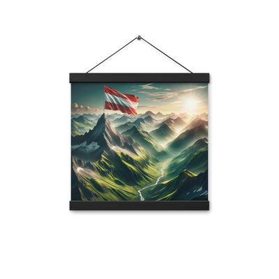 Alpen Gebirge: Fotorealistische Bergfläche mit Österreichischer Flagge - Premium Poster mit Aufhängung berge xxx yyy zzz 30.5 x 30.5 cm