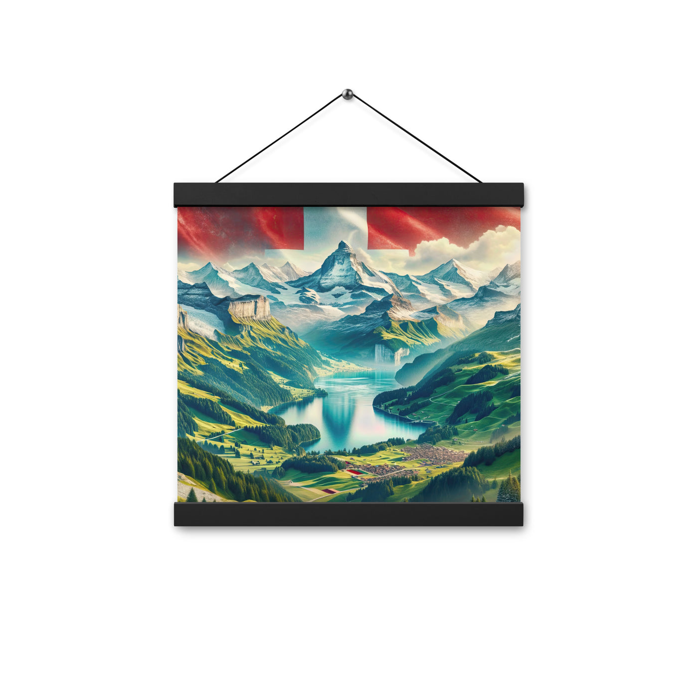 Berg Panorama: Schneeberge und Täler mit Schweizer Flagge - Premium Poster mit Aufhängung berge xxx yyy zzz 30.5 x 30.5 cm
