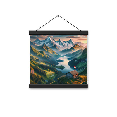 Schweizer Flagge, Alpenidylle: Dämmerlicht, epische Berge und stille Gewässer - Premium Poster mit Aufhängung berge xxx yyy zzz 30.5 x 30.5 cm