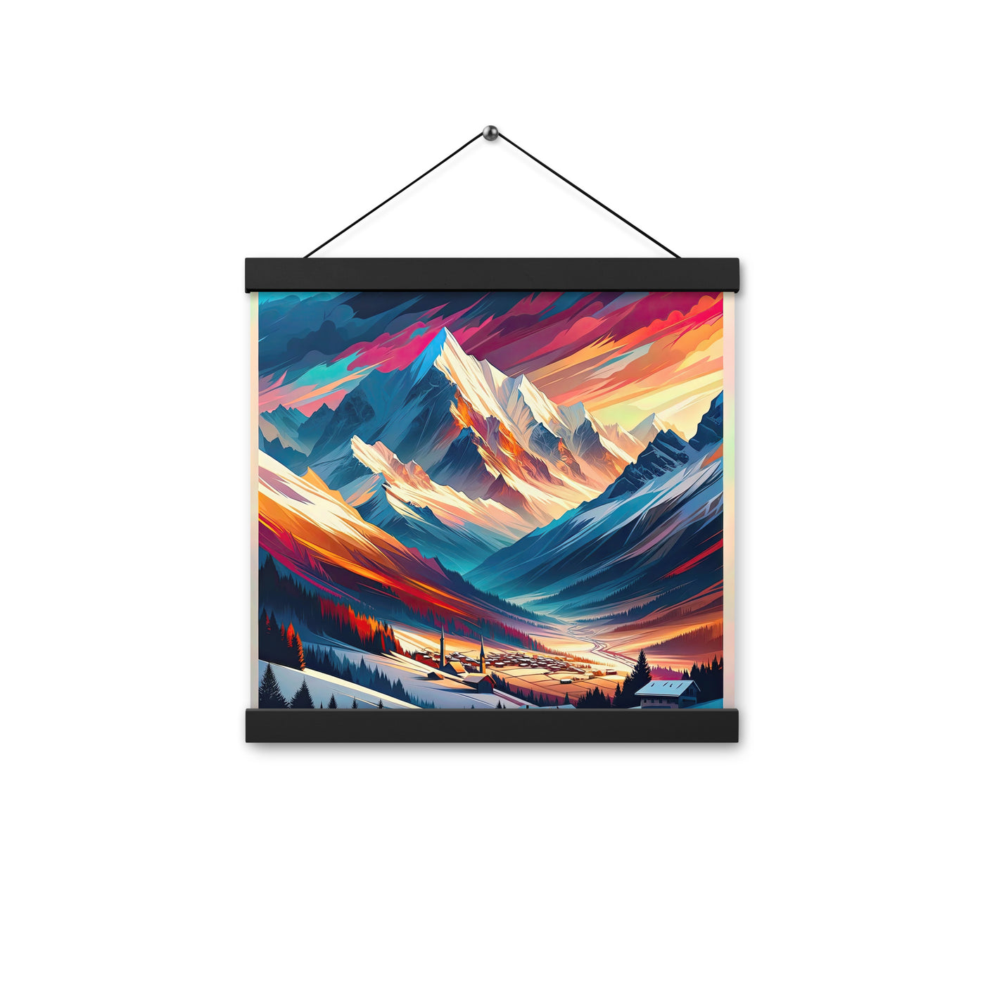 Moderne geometrische Alpen Kunst: Warmer Sonnenuntergangs Schein auf Schneegipfeln - Premium Poster mit Aufhängung berge xxx yyy zzz 30.5 x 30.5 cm