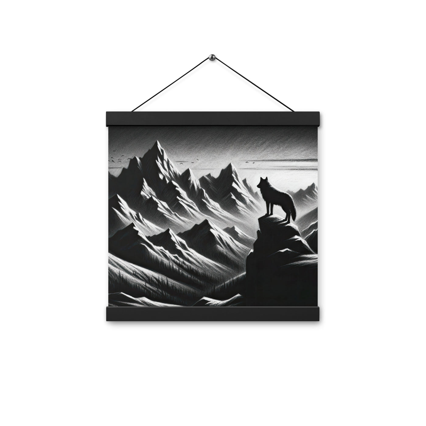 Kohlezeichnung, die die stille Stille der Alpen in der Winterdämmerung verkörpert. Wolf auf einem Berghügel (AN) - Enhanced Matte Paper xxx yyy zzz 30.5 x 30.5 cm