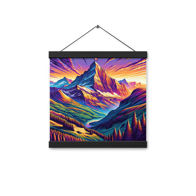 Bergpracht mit Schweizer Flagge: Farbenfrohe Illustration einer Berglandschaft - Premium Poster mit Aufhängung berge xxx yyy zzz 30.5 x 30.5 cm