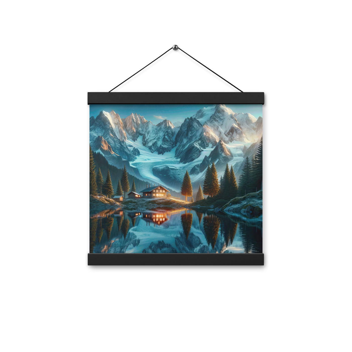 Stille Alpenmajestätik: Digitale Kunst mit Schnee und Bergsee-Spiegelung - Premium Poster mit Aufhängung berge xxx yyy zzz 30.5 x 30.5 cm