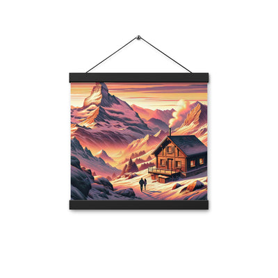 Berghütte im goldenen Sonnenuntergang: Digitale Alpenillustration - Premium Poster mit Aufhängung berge xxx yyy zzz 30.5 x 30.5 cm