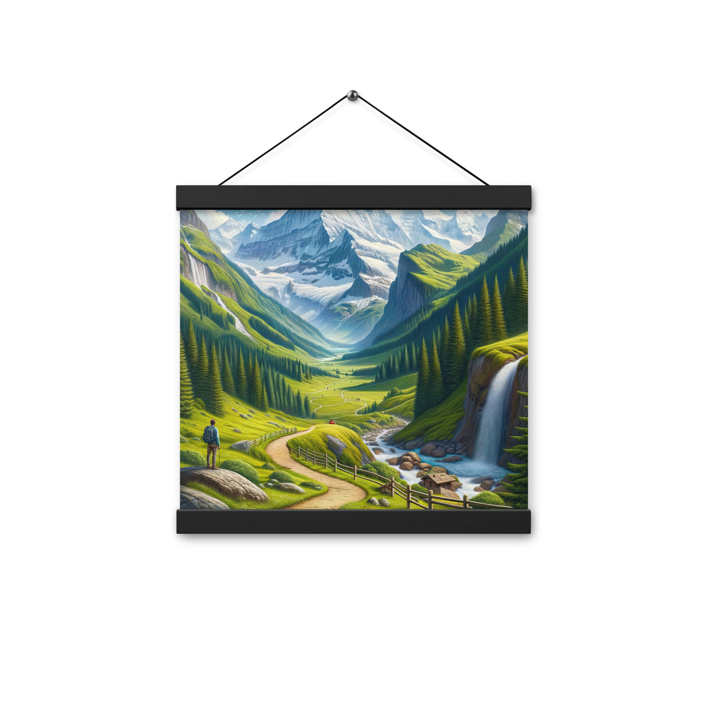Wanderer in den Bergen und Wald: Digitale Malerei mit grünen kurvenreichen Pfaden - Premium Poster mit Aufhängung wandern xxx yyy zzz 30.5 x 30.5 cm