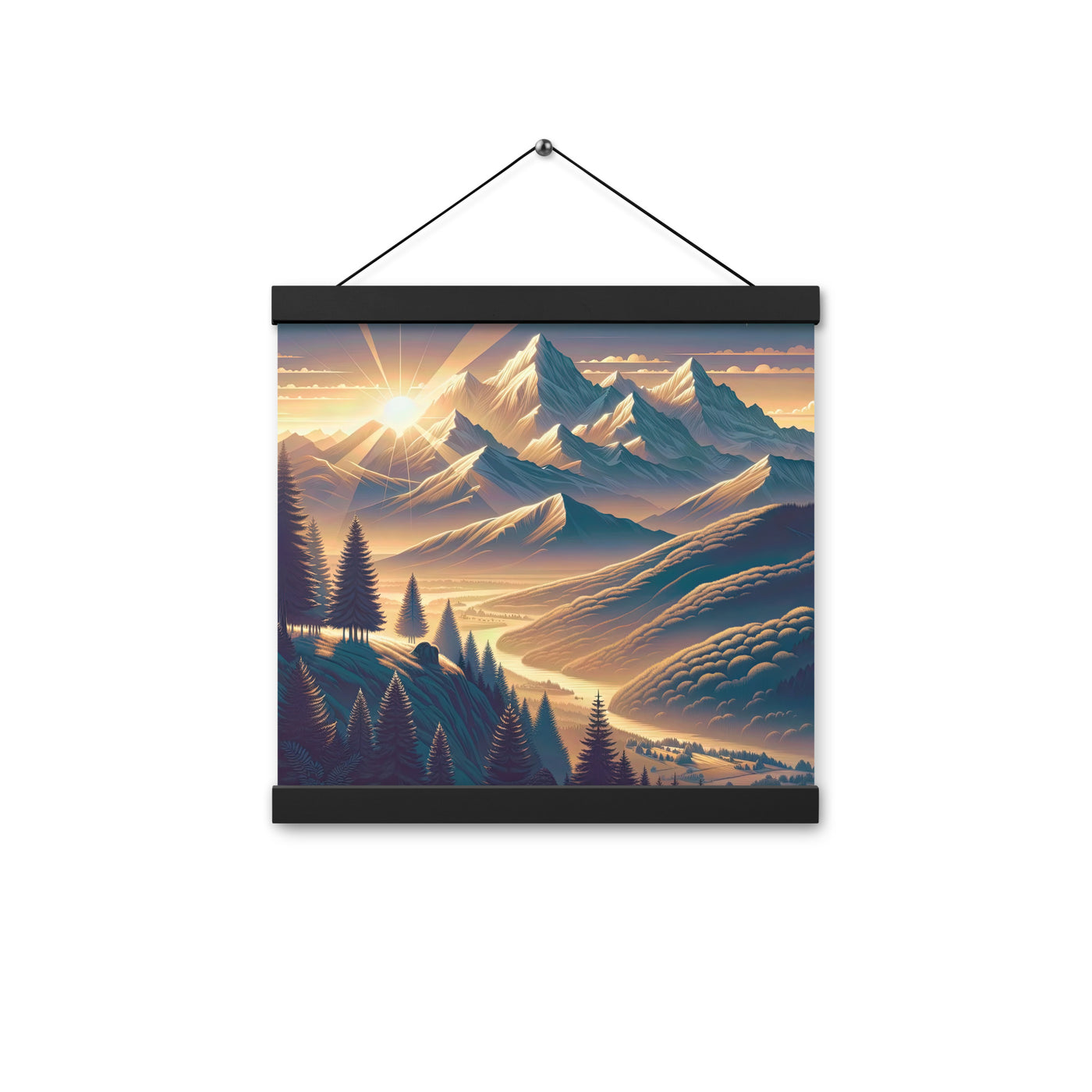 Alpen-Morgendämmerung, erste Sonnenstrahlen auf Schneegipfeln - Premium Poster mit Aufhängung berge xxx yyy zzz 30.5 x 30.5 cm