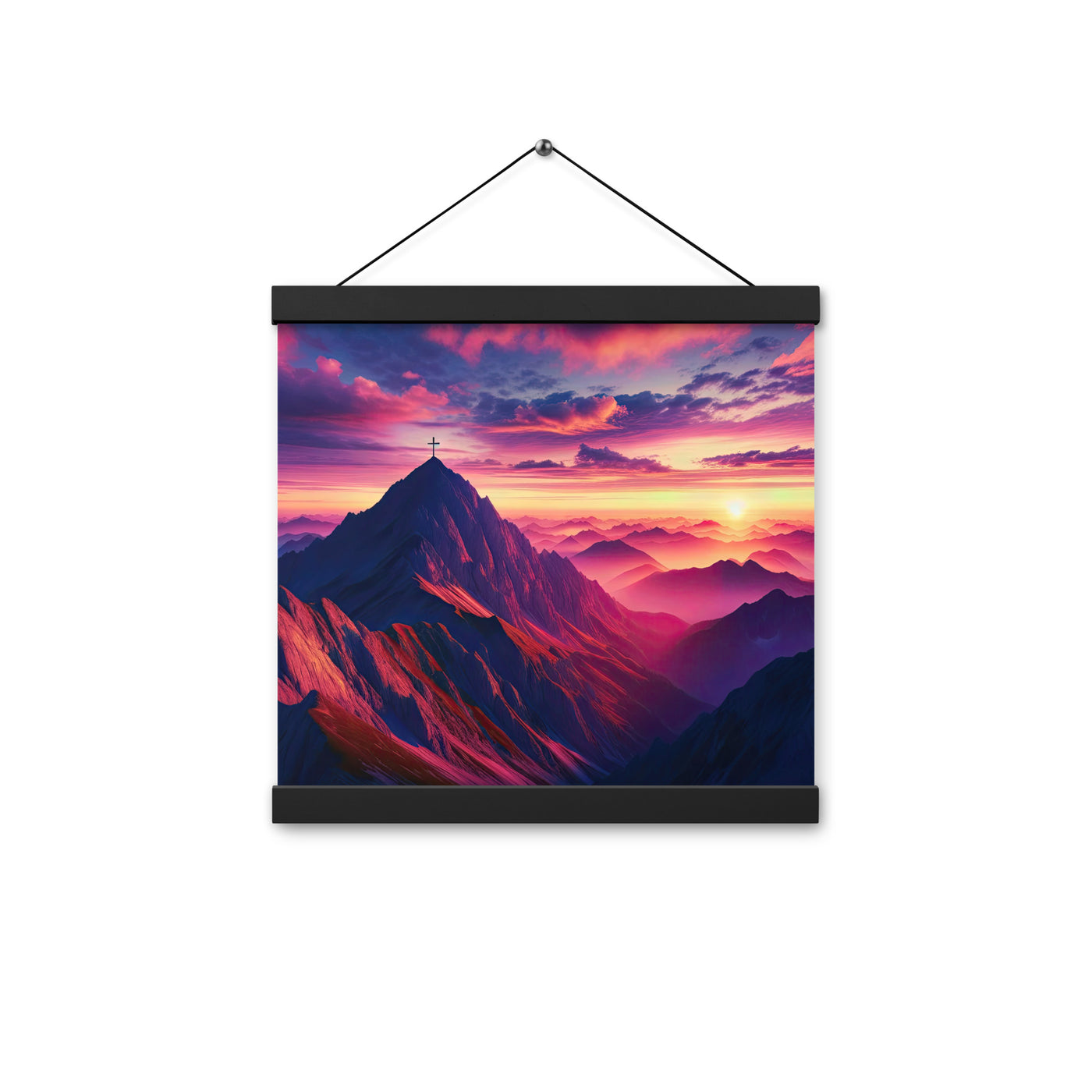 Dramatischer Alpen-Sonnenaufgang, Gipfelkreuz und warme Himmelsfarben - Premium Poster mit Aufhängung berge xxx yyy zzz 30.5 x 30.5 cm