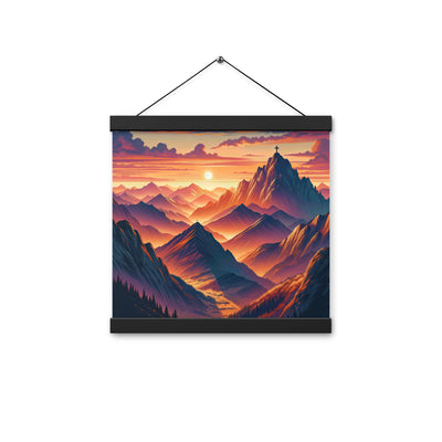 Dramatischer Alpen-Sonnenuntergang, Gipfelkreuz in Orange-Rosa - Premium Poster mit Aufhängung berge xxx yyy zzz 30.5 x 30.5 cm