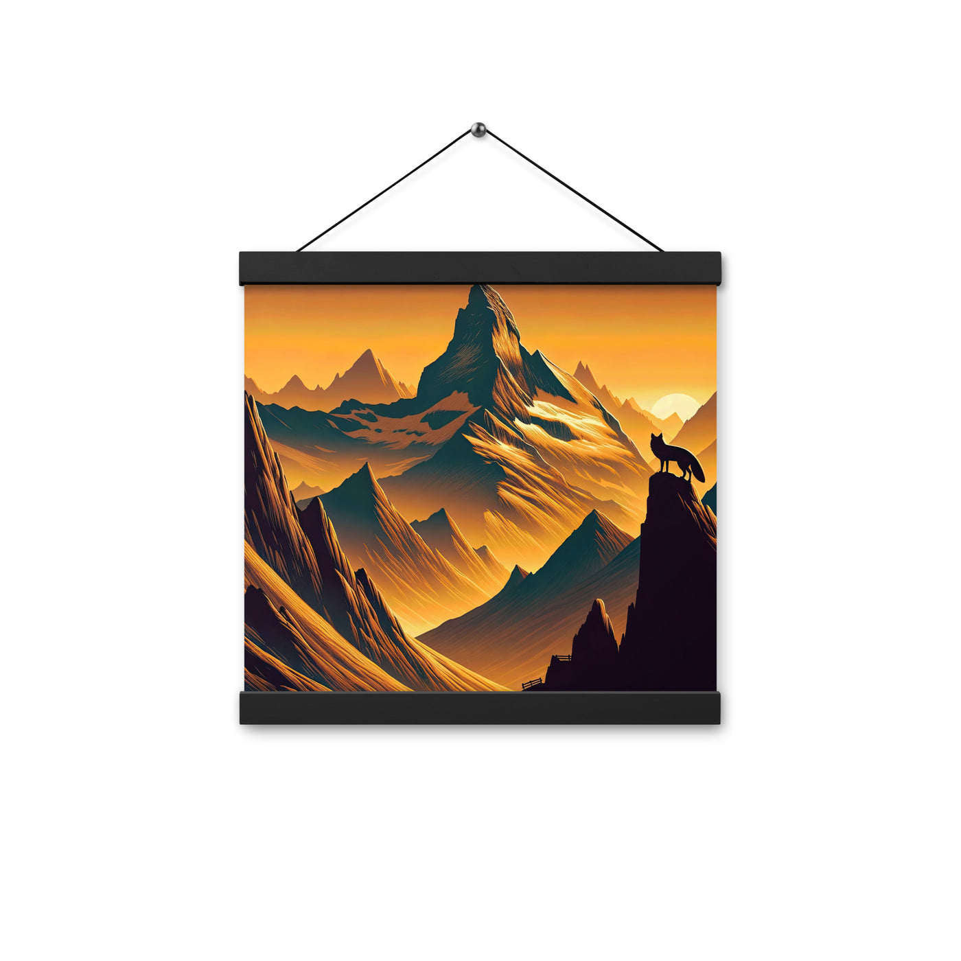 Fuchs in Alpen-Sonnenuntergang, goldene Berge und tiefe Täler - Premium Poster mit Aufhängung camping xxx yyy zzz 30.5 x 30.5 cm