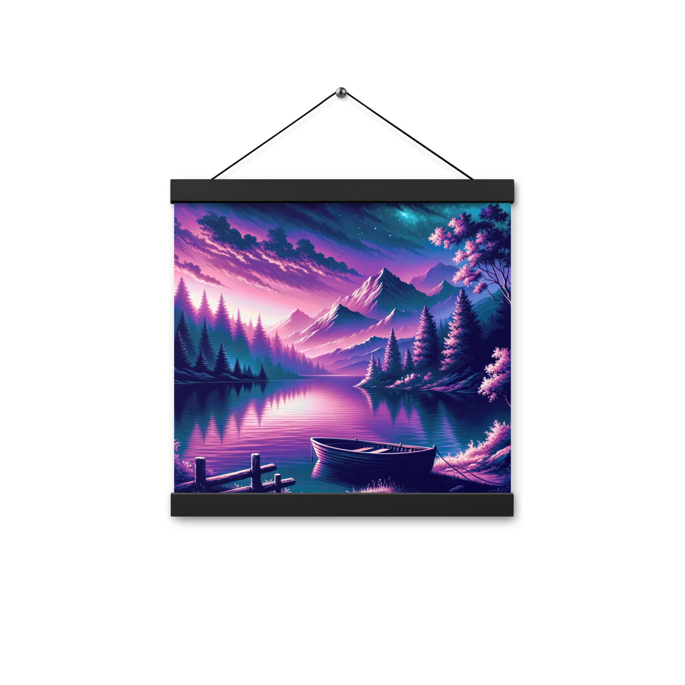 Magische Alpen-Dämmerung, rosa-lila Himmel und Bergsee mit Boot - Premium Poster mit Aufhängung berge xxx yyy zzz 30.5 x 30.5 cm