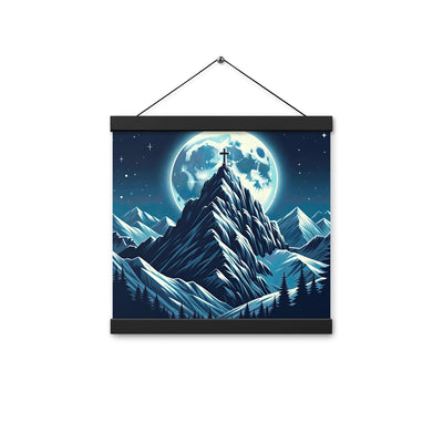 Mondnacht und Gipfelkreuz in den Alpen, glitzernde Schneegipfel - Premium Poster mit Aufhängung berge xxx yyy zzz 30.5 x 30.5 cm