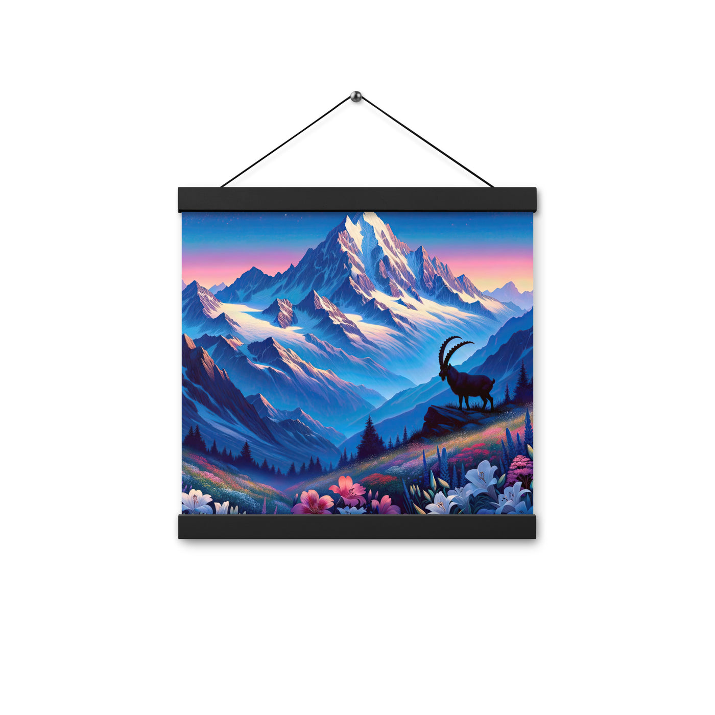 Steinbock bei Dämmerung in den Alpen, sonnengeküsste Schneegipfel - Premium Poster mit Aufhängung berge xxx yyy zzz 30.5 x 30.5 cm
