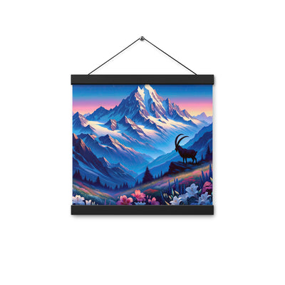 Steinbock bei Dämmerung in den Alpen, sonnengeküsste Schneegipfel - Premium Poster mit Aufhängung berge xxx yyy zzz 30.5 x 30.5 cm