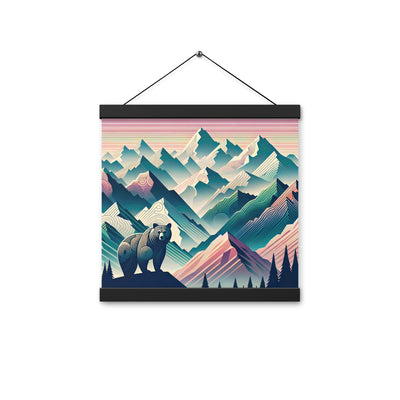 Bär im Panoramablick der Alpen, moderne Kunst-Gebirgsschichten - Premium Poster mit Aufhängung camping xxx yyy zzz 30.5 x 30.5 cm
