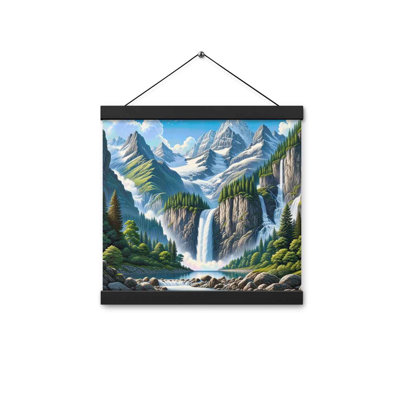Illustration einer unberührten Alpenkulisse im Hochsommer. Wasserfall und See - Premium Poster mit Aufhängung berge xxx yyy zzz 30.5 x 30.5 cm