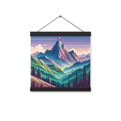Harmonische Berglandschaft mit Schweizer Flagge auf Gipfel - Premium Poster mit Aufhängung berge xxx yyy zzz 30.5 x 30.5 cm