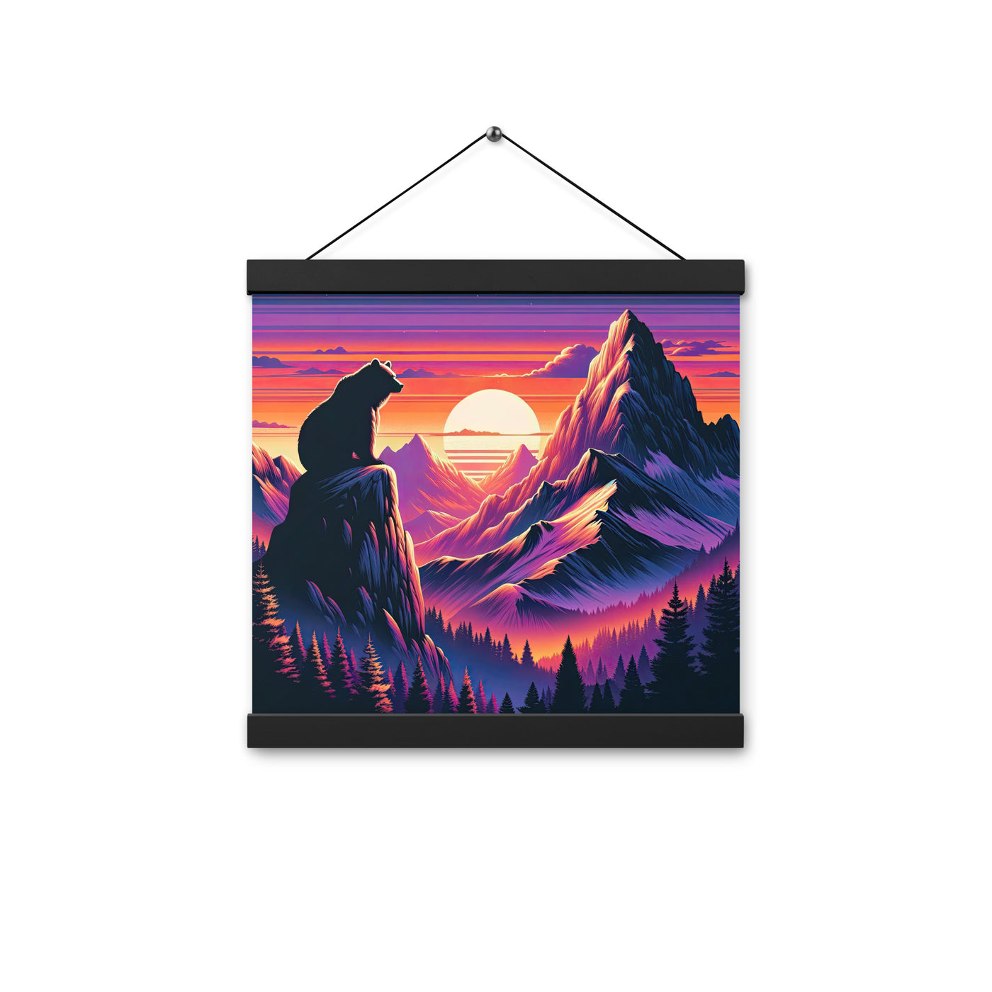 Alpen-Sonnenuntergang mit Bär auf Hügel, warmes Himmelsfarbenspiel - Premium Poster mit Aufhängung camping xxx yyy zzz 30.5 x 30.5 cm