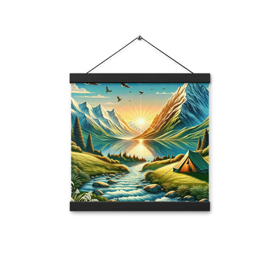 Zelt im Alpenmorgen mit goldenem Licht, Schneebergen und unberührten Seen - Premium Poster mit Aufhängung berge xxx yyy zzz 30.5 x 30.5 cm