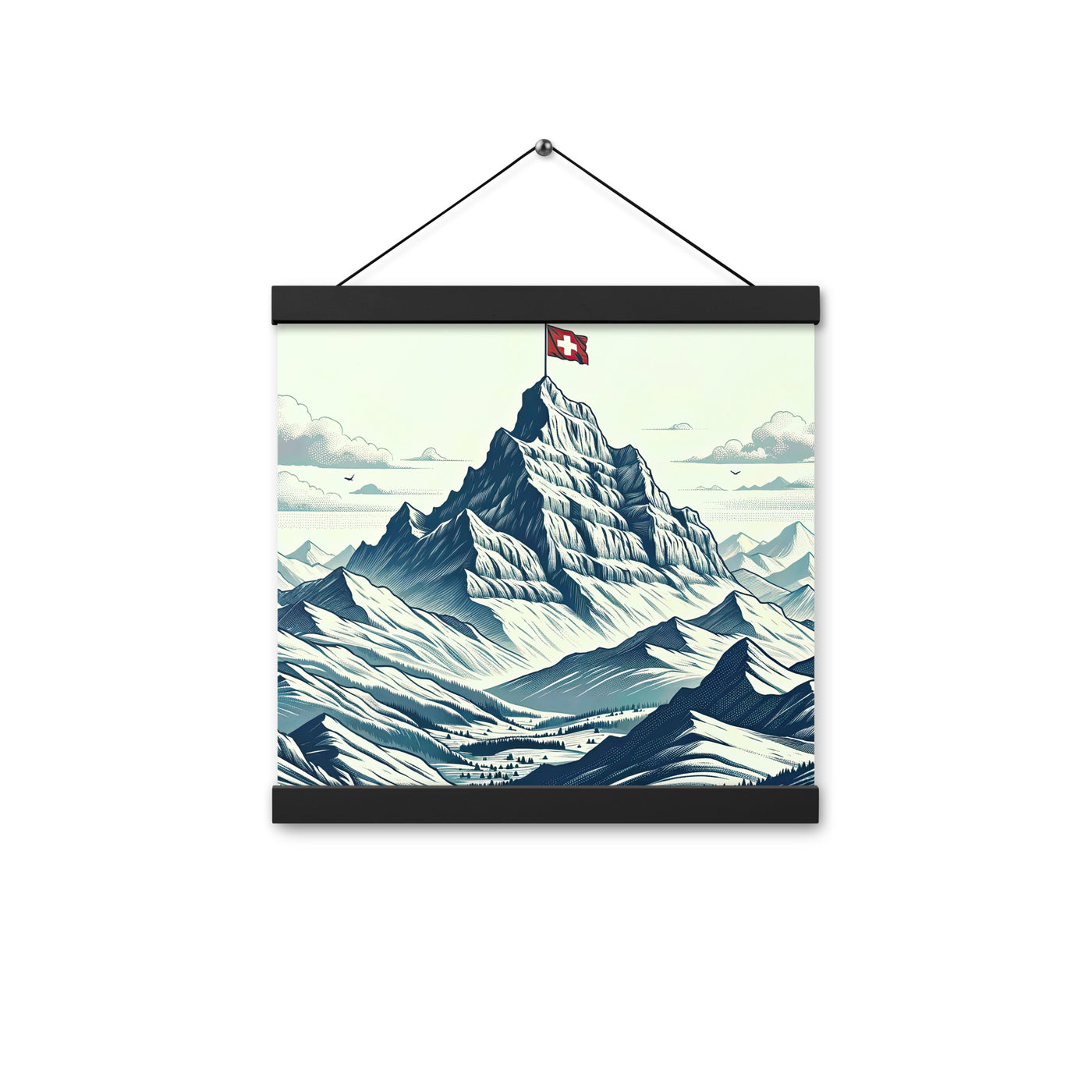 Ausgedehnte Bergkette mit dominierendem Gipfel und wehender Schweizer Flagge - Premium Poster mit Aufhängung berge xxx yyy zzz 30.5 x 30.5 cm