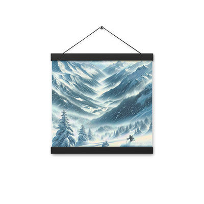 Alpine Wildnis im Wintersturm mit Skifahrer, verschneite Landschaft - Premium Poster mit Aufhängung klettern ski xxx yyy zzz 30.5 x 30.5 cm