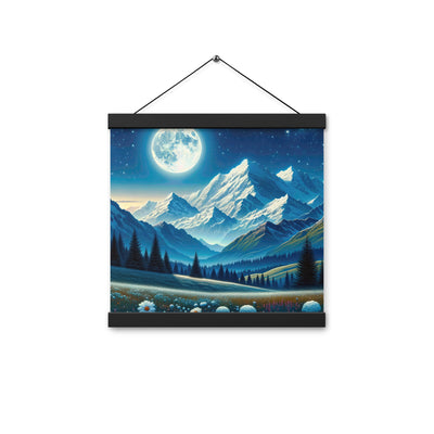 Klare frühlingshafte Alpennacht mit Blumen und Vollmond über Schneegipfeln - Premium Poster mit Aufhängung berge xxx yyy zzz 30.5 x 30.5 cm