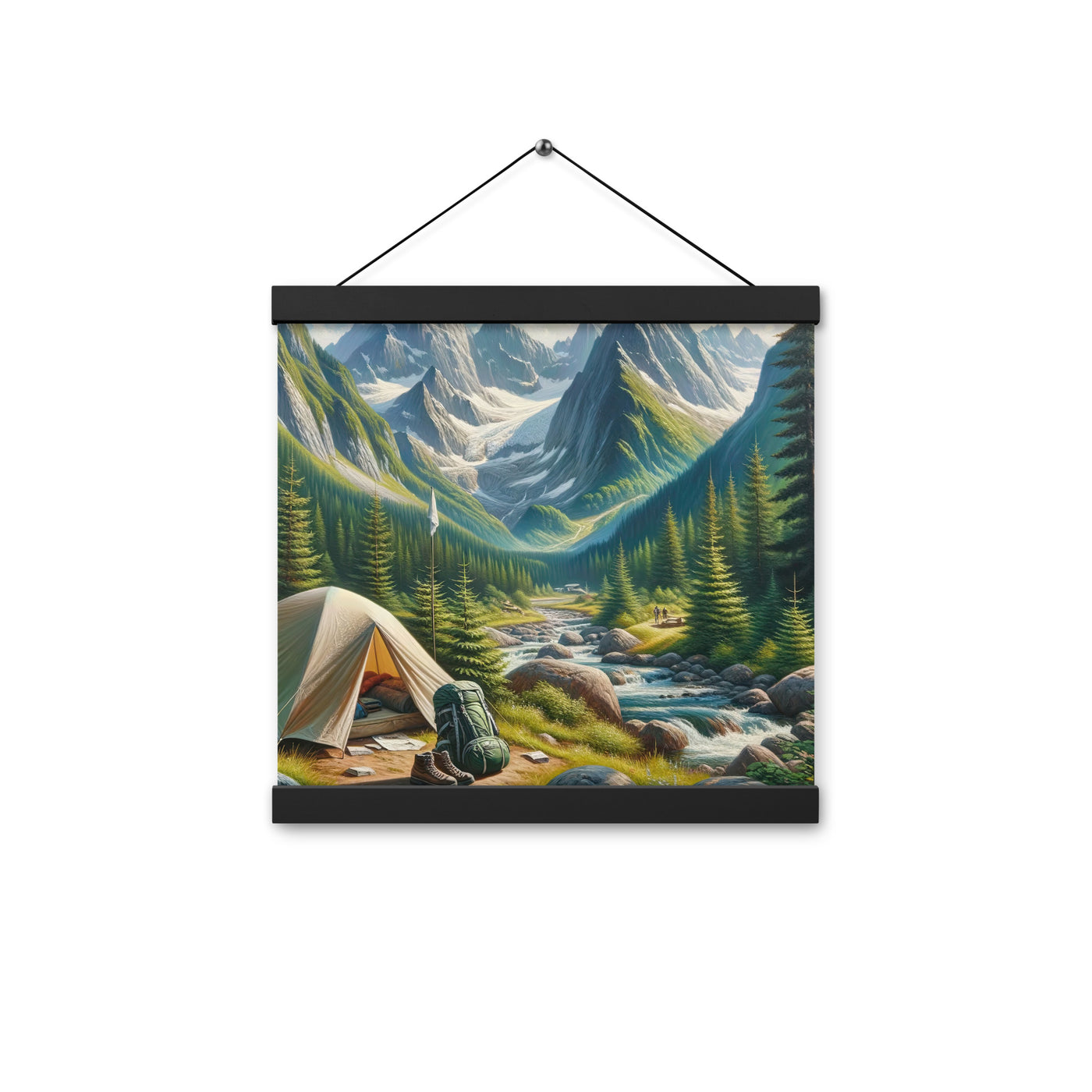 Ölgemälde der Alpensommerlandschaft mit Zelt, Gipfeln, Wäldern und Bächen - Premium Poster mit Aufhängung camping xxx yyy zzz 30.5 x 30.5 cm