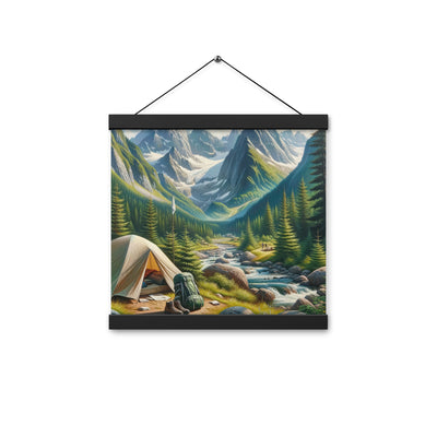 Ölgemälde der Alpensommerlandschaft mit Zelt, Gipfeln, Wäldern und Bächen - Premium Poster mit Aufhängung camping xxx yyy zzz 30.5 x 30.5 cm