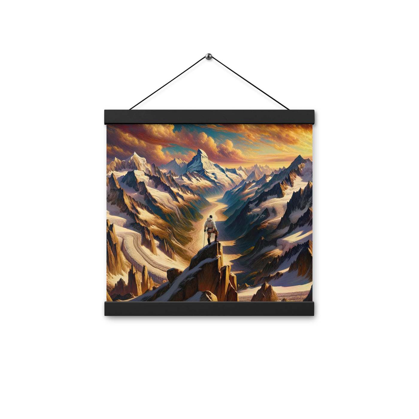 Ölgemälde eines Wanderers auf einem Hügel mit Panoramablick auf schneebedeckte Alpen und goldenen Himmel - Enhanced Matte Paper Poster wandern xxx yyy zzz 30.5 x 30.5 cm