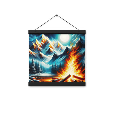Ölgemälde von Feuer und Eis: Lagerfeuer und Alpen im Kontrast, warme Flammen - Premium Poster mit Aufhängung camping xxx yyy zzz 30.5 x 30.5 cm