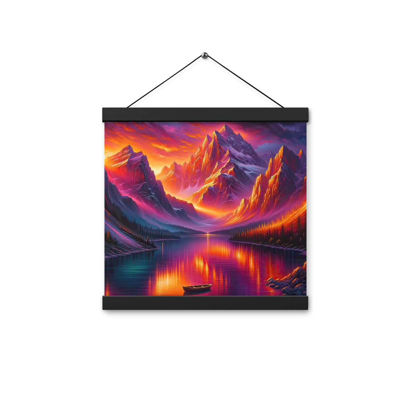 Ölgemälde eines Bootes auf einem Bergsee bei Sonnenuntergang, lebendige Orange-Lila Töne - Premium Poster mit Aufhängung berge xxx yyy zzz 30.5 x 30.5 cm
